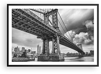 Poster 91x61 cm Wandbild Kunstdruck Architektur Schwarz-Weiß - 4156 - P2B | Manhattan Brücke UND Wandposter mit schwarzem Rahmen Wohnzimmer Schlafzimmer mit schwarzem Rahmen Wanddeko Kunstposter ARTTOR