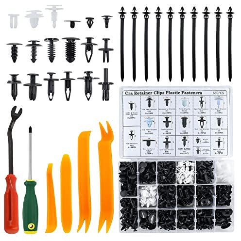 PHYLES Remaches Plastico Coche, 680PCS Grapas Coche Paneles de Puerta, 18 Tipos de Clips Coche Plástico para Juntas de Parachoques de Puertas y Guardabarros con Herramienta de Extracción
