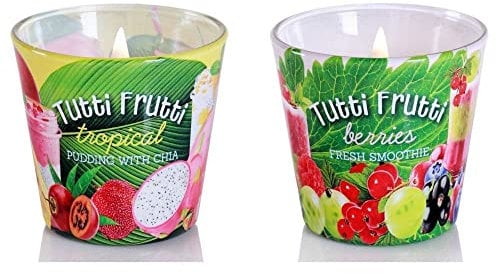 Dekohelden24 Duftkerze/Windlicht/Kerze im Glas - 2 Fach Sortiert/Duftrichtung Berries und Tropical, L/B/H 8 x 8 x 8 cm, 115g