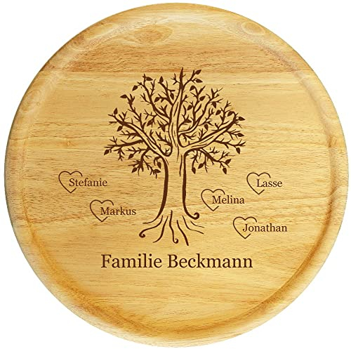 Holz-Teller Stammbaum, 32 cm mit Gravur (Namen) personalisierter Servier- / Dekoteller Lebensbaum - Geschenk-Idee für Eltern zu Geburtstagen, Weihnachten, Motiv S7