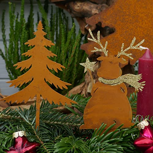 Hirsch Deko - Elch mit Stern und Tannenbaum in Rostoptik zum Stecken für die Weihnachtsdeko