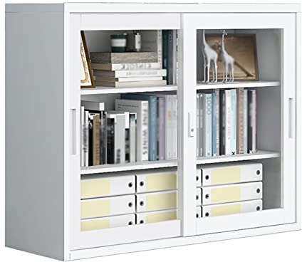 Aktenschrank Metallschränke, großer abschließbarer Stahlschrank mit transparenter Glasschiebetür, Büroschrank for Zuhause, Büro, Garage, Klassenzimmer, mattgrau Schubladen-Aktenschrank