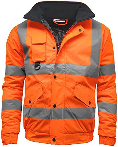 Golomak® Hi Vis Viz Bomber Jacket High Visibility Workwear Safety Security Hooded Padded Waterproof Taped Seams Work Wear Coat Top (Orange, Large)