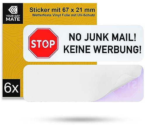 Briefkastenaufkleber Keine Werbung, 6 Stück, 67 x 21 mm, selbstklebende Folie mit englischem Schriftzug, Aufkleber Sticker Hinweis für Innen- und Außenbereich, Briefkasten-Tattoo Set No Junk Mail