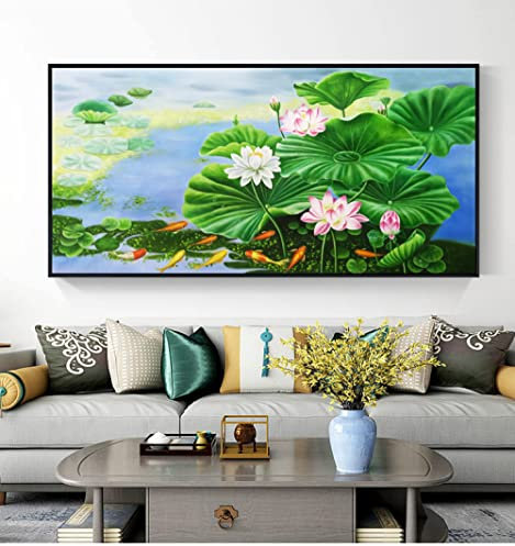 RGVV Tableau Peint A La Main,Art Mural Extra Large Moderne Peinture Murale Originale Fleur De Lotus Paysage Naturel Peinture À l'huile Peinte À La Main sur Toile sans Cadre Illustration Texturée pour