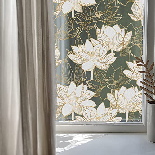Flortlias Lotus Floral Sichtschutz-Fensterfolie, abnehmbar, statisch haftend, doppelseitig, mattiert, Fensteraufkleber für Tür, Fenster, Scheiben, Glasdekoration, 80 cm Breite