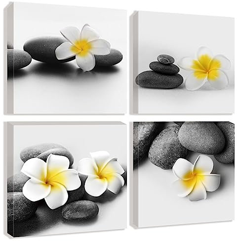 Gelbe Blume Zen Stein Bilder Giclée-Wandkunstdrucke Badezimmer Dekor gerahmt 4 Stück Grau Kieselstein Leinwand 30,5 x 30,5 cm (grau, 30,5 x 30,5 cm)