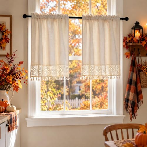 Molaxhome Leinen Scheibengardinen mit Quaste Kurzstores Boho Valances | Valance für Fenster,Küche Fenster Behandlungen Tier,Vorhang für Schlafzimmer, Dekore Bauernhaus Valance, 2 St.74x61 Curtain