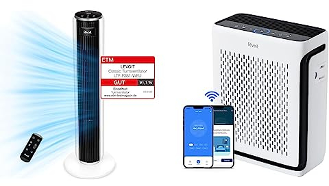 Levoit 28dB leiser Turmventilator mit Fortschrittlichem Schlafmodus,7m/s Ventilator mit Fernbedienung Vital 100S H13 HEPA Luftreiniger Allergiker für 52㎡ Wohnung Raucherzimmer