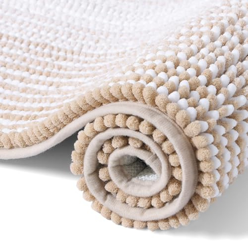 OLANLY Chenille Badezimmerteppich Weich Saugfähige Badematte rutschfest Badteppich Mikrofaser Badvorleger Waschbar Duschvorleger für Badezimmer - 40 x 60 cm, Beige