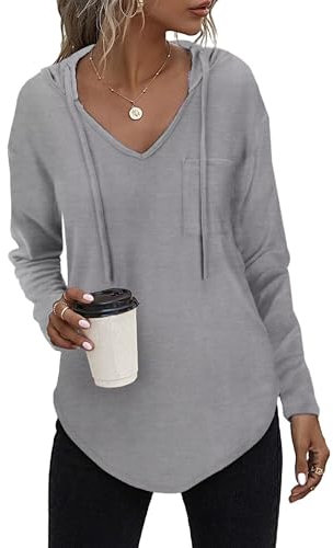 Tanmolo Kapuzenpullover Damen Leichter Pullover Hoodie Sweatshirs mit Taschen für den Herbst Grau, XL