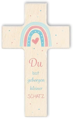 Fritz Cox Holzkreuz Du bist geborgen kleiner Schatz | Herz unterm Regenbogen | christliches Geschenk für Kinder natur,20cm