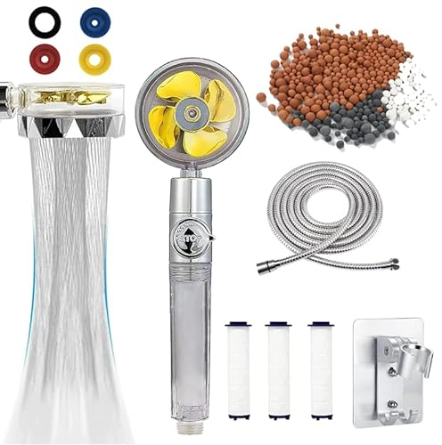 Pommeau de Douche Anticalcaire à Economie d'eau Douche à main Pomme de Douche à Hélice haute Pression Rotative à 360 ° Système de Filtration à trois Etages avec4 cotons Filtrants pp et 1Tuyau(jaune)