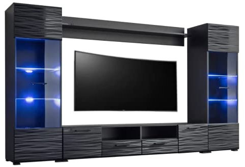 ABIKSMEBLE Meuble-Paroi Murale - Ensemble de Meubles de Salon Moderne - Armoire Murale - Noir Mat, Sahara Brillante
