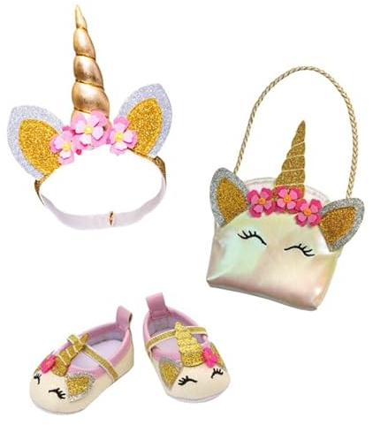 Heless 2311 - Puppenzubehör im Design Glitzer-Einhorn, 3-teiliges Accessoire Set mit Ballerinas, Tasche und Haarband für Puppen und Kuscheltiere der Größe 30-34 cm