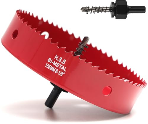 155mm Hole Saw, HSS Bi-Metal Hole Cutter with Drill Bit, Heavy Duty Hole Saw for Wood, Plastic, Drywall, Fiberglass, Red