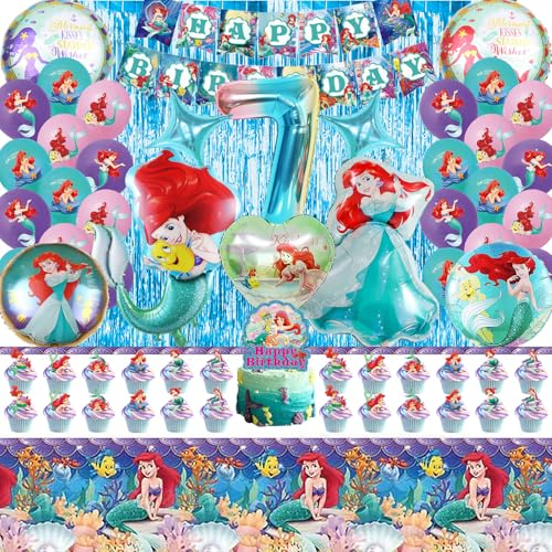 Meerjungfr Geburtstag Deko 7 Jahre, 57 Stück Meerjungfrau Party Luftballons Set, Ariel Geburtstagsdeko, Meerjungfrau Kuchen Topper, Meerjungfrau Folienballons, Meerjungfr Kindergeburtstag Deko
