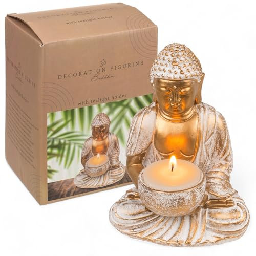 MIJOMA Buddha-Dekofigur, Gold & Weiß, Vintagelook, Polyresin, 14-34 cm Höhe, optional mit Teelichthalter - Spirituelle Ruhe und Eleganz (10 x 8,5 x 14 cm mit Teelichthalter)