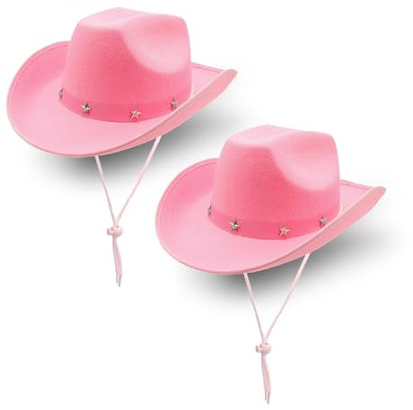 Lot de 2 chapeaux de cowboy pour femme, chapeau de cowgirl occidental avec cordon de serrage réglable, chapeau d'extérieur en feutre à large bord, accessoire de déguisement Wild West, rose