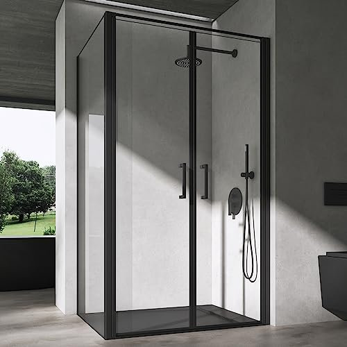 doporro Eck-Duschkabine Ravenna66 100x100x195cm Schwarz Eckdusche mit Duschtasse ESG-Sicherheitsglas Klarglas inkl. beidseitiger Easy-Clean-Beschichtung