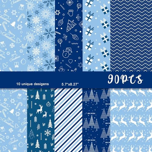 MIAHART Juego de 90 hojas de papel con motivos navideños, 10 diseños, tamaño A5, papel decorativo para manualidades, para hacer tarjetas, álbumes de recortes (Azul y blanco, A5-90)