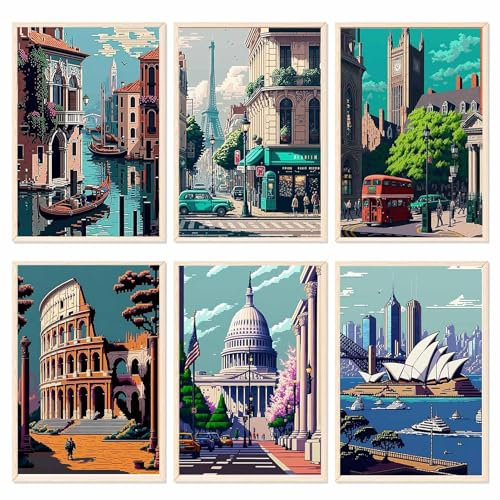 YALKIN Lot de 6 kits de peinture par numéros pour adultes, château de paysage sur toile, sans cadre, peinture à l'huile acrylique, décoration murale d'intérieur, 30 x 40 cm