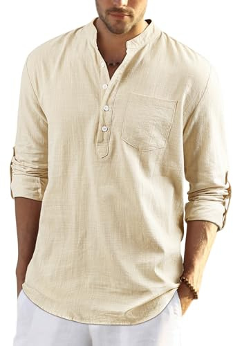 Enlision Mens Beige Cotton Linen Shirts Long Sleeve Shirt Button Down Collarless Shirts Lightweight Casual Plain Tops for Men S