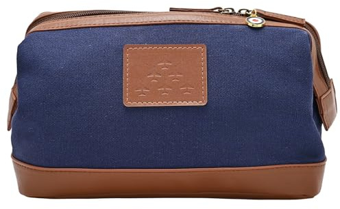 Widdop and Co. – Royal Air Force Red Arrows Canvas & Faux Leather Washbag – Officially Licensed RAF Navy & Brown Toiletries Bag Merchandise. Lifestyle Accessory for History, Aviation & WW2 Fans.