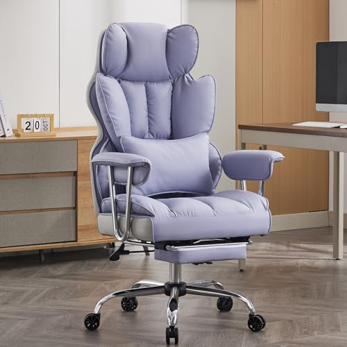 Efomao Desk Office Chair, Big and Tall PU Leather Ergonomic Office Chair, 200KG Adjustable High Back Computer Chair,Executive Swivel Chair with Footrest and Lumbar Support, Light Purple