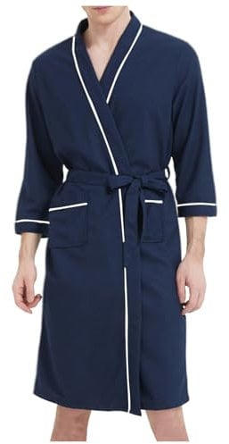 WAZHAKU Men's Lightweight Cotton Dressing Gown Long Sleeves Travel Bathrobe Kimono Sauna Gown Man Leisure Loungewear with Pockets and Belt House Coat Long Dressing Gown Bathrobe, X Blue, XL