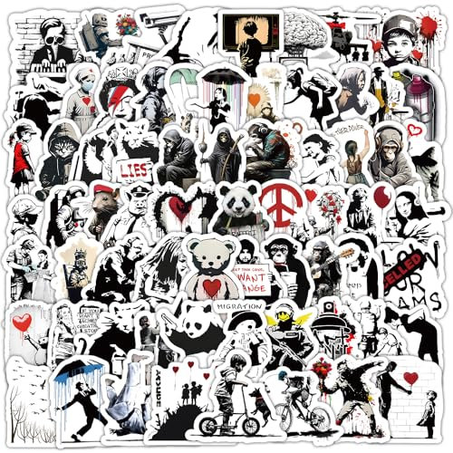APAREAL Schwarz und Weiß Stickers Set, 100 Stück Banksy Graffiti Anime Aufkleber für Laptop Kindle Skateboard Scrapbooking Journal Notebook MacBook Gitarre Koffer Fahrrad, Wasserfeste Klein Decals