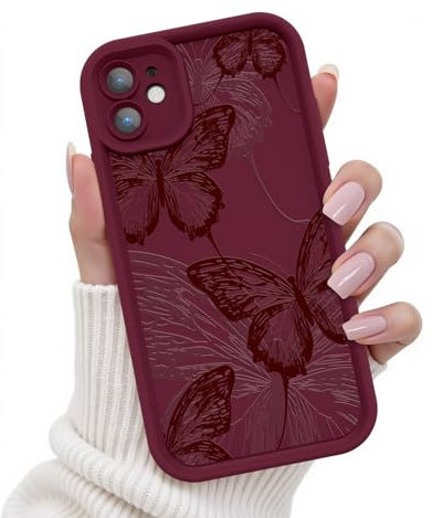 FUXICASE for iPhone 11 Case, Creative Butterfly Pattern Design for Girl Women, Soft Silicone Shockproof Anti-Scratch Protection Phone Cover for iPhone 11 (Burgundy Red Butterfly)