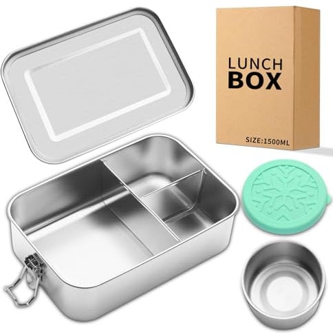 Awaiymi Edelstahl Bento Lunch Box 1500ML,3 Fächer Metall Bento Lunch Boxen mit 100ml auslaufsicheren Gewürzbehälter,Metall Lebensmittel Lagerung für Arbeit Erwachsene