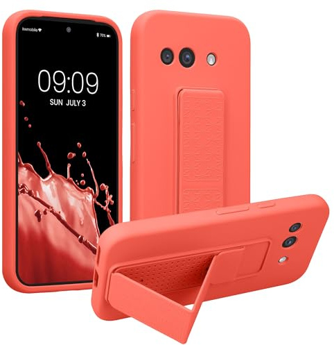 kwmobile Handyhülle für Google Pixel 9a Hülle - TPU Silikon Case mit Fingerhalter und Stand - Schutzhülle Cover in Koralle
