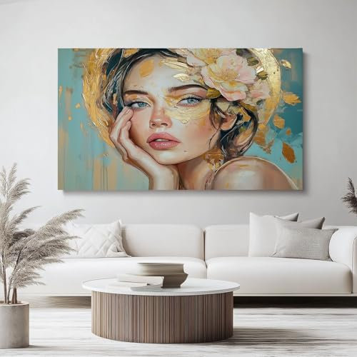 Panorama Leinwand Bild 120L x 50B cm – Bild auf Leinwand zum Thema Wunderschön Charaktere Goldfolie, Rahmenloser Kunstdruck in Gold Türkis als Wandbild für Wohnzimmer & Wohnung