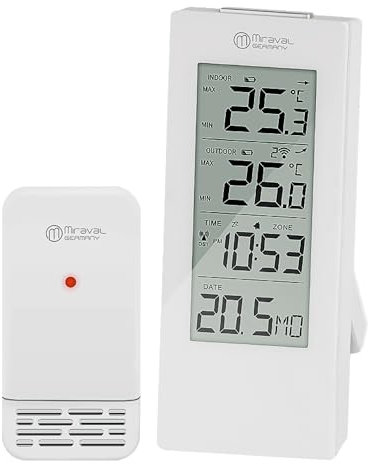 Miraval Funk-Wetterstation mit Außensensor, LCD-Display, Innen- und Außentemperatur, Uhrzeit, Datum, Weiß/Schwarz (Weiß)