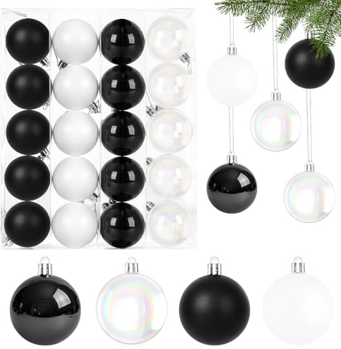 6CM Perlglanz Weihnachtskugeln Set,20 Stück Christbaumkugeln Kunststoff Schwarz & Weiß Weihnachtsbaumkugeln Bruchsicher Weihnachtsdeko mit Aufhänger Weihnachten Deko Kugeln