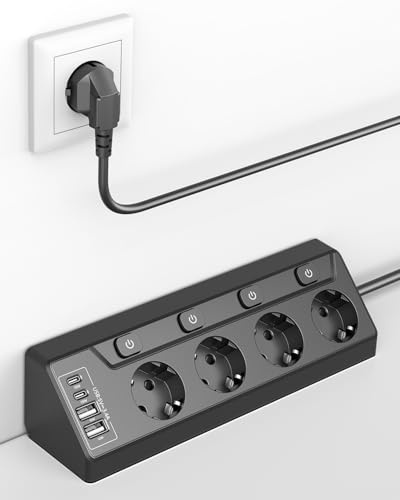 Ecksteckdosen-Steckdosenleiste, einzeln schaltbar, 4 Fach mit 4 USB (2X USB-C + 2X USB-A), Überspannungsschutz, Berührungsschutz, 2m Kabel, 3680W für Küche, Büro und Haushalt