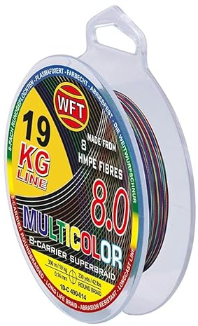 WFT KG 8.0 Multicolor Geflochtene Angelschnur, 8-Fach Geflochten, Farbwechsel alle 10 Meter, für Süß- und Salzwasser, 300m, 19kg-34kg Tragkraft