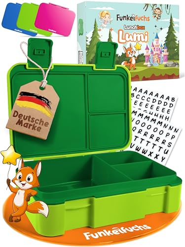 Funkelfuchs LUMI | Brotdose Kinder mit Fächern – 950ml, Grün | Lunchbox BPA-frei für Schule & Kindergarten |Super leicht, nur 350g |Auslaufsicher, Spülmaschinengeeignet | Bento Box, Snackbox, Brotbox