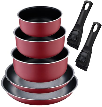 Click&Cook Set mit 2 Pfannen Ø 22 Ø 26 cm mit abnehmbarem Griff + 3 Töpfe Ø 16 Ø 18 x 20 cm mit abnehmbarem Griff - aus gepresstem Aluminium, Farbe: Rot Bergner