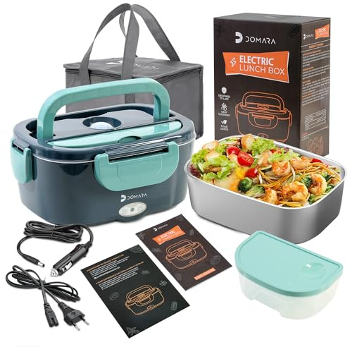 DOMARA Fiambrera Electrica 80W Taper Electrico para Comida 1,5L Fiambreras Comida Trabajo 3 en 1 acero inoxidable adaptador coche y camión 12V/24V/220V