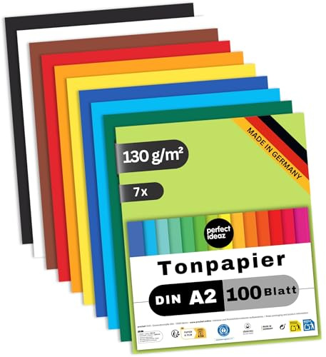 perfect ideaz - Tonpapier DIN A2 – 700 Blatt, 10 kräftige Farben, 130 g/m², voll durchgefärbt & lichtbeständig, Blauer Engel zertifiziert, Made in Germany – Bastelkarton (7 x 100 Blatt)