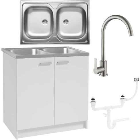 Möbel Spüle mit Unterschrank 80 cm Weiß Küchenspüle 2-Kammer & Edelstahl-Spülbecken kompakter Spülenunterschrank für Küche, Standschrank 49 cm Tiefe Siphon Montagefertig