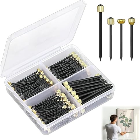 100pcs Bildernägel, Bildaufhängeset, mit Bildernägeln, Wandnägel Set aus Stahl mit Messingkappen, Nägel für Bilderrahmen Spiegel und Dekorationen, geeignet für Holz Beton und Trockenbau