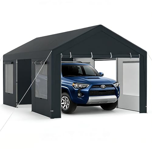 SOARS Carpot Abri Voiture, Tente Garage, Abri Voiture Extérieur avec Cadre en Métal et Couverture PE Résistante aux intempéries, pour Fête, Voiture, Vélo, Moto, Outils (Gris,305 x 586 x 280 cm)