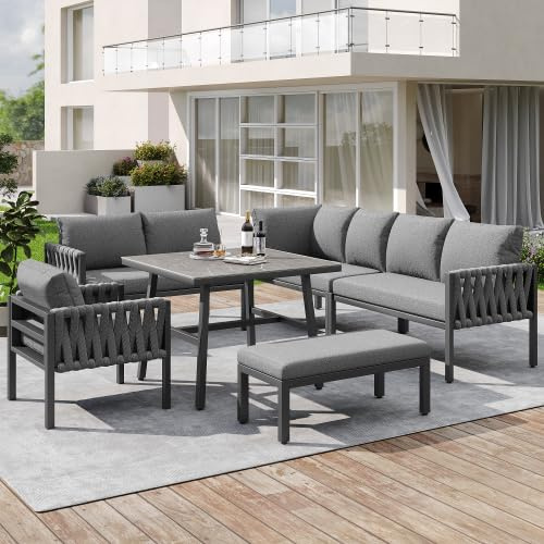 Gartenmöbel Set Sitzgruppe Outdoor Rattan Terrassenmöbel Lounge, Eckbank Garten mit 238 cm Extrasofa und 78 cm hoher Rückenlehne, Polyrattan Geflecht, Glas-Couchtisch in Holzoptik, Multihocker