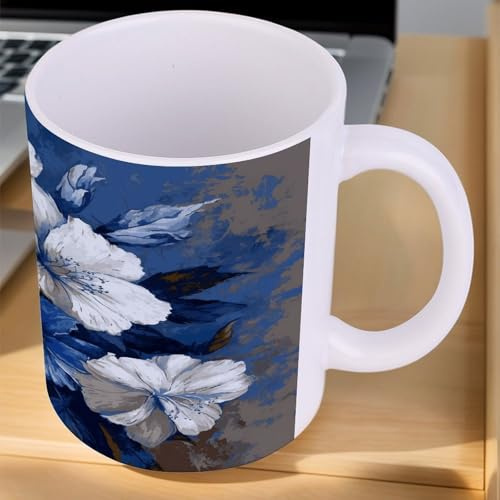 SMAZDFXX Tazza con grandi fiori blu e bianchi, tazza da caffè personalizzata, tè, latte,