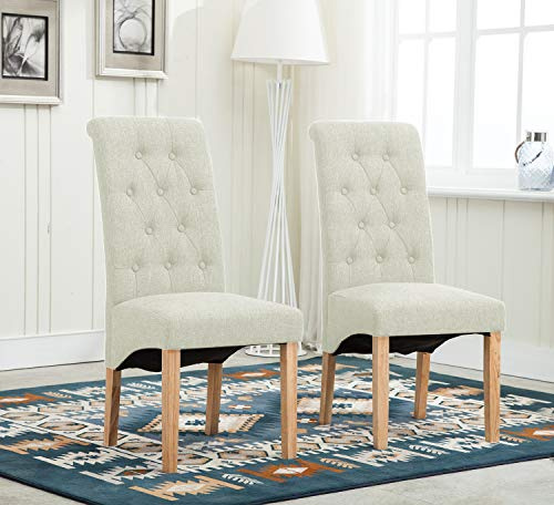MCC Set of 2 Linen Fabric Dining Chairs Roll Top Scroll High Back For Home & Commercial Restaurants [Brown* Grey* Red* Blue*] (D)(Cream)