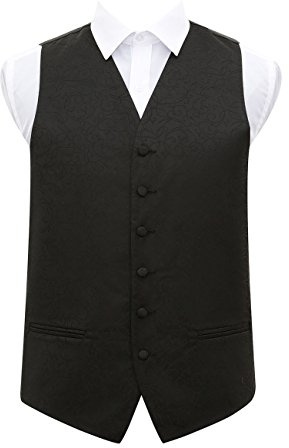 DQT Mens Swirl Floral Jacquard Waistcoat Vest – Wedding Business & Formal Suit Wear - Black 50 (5XL)